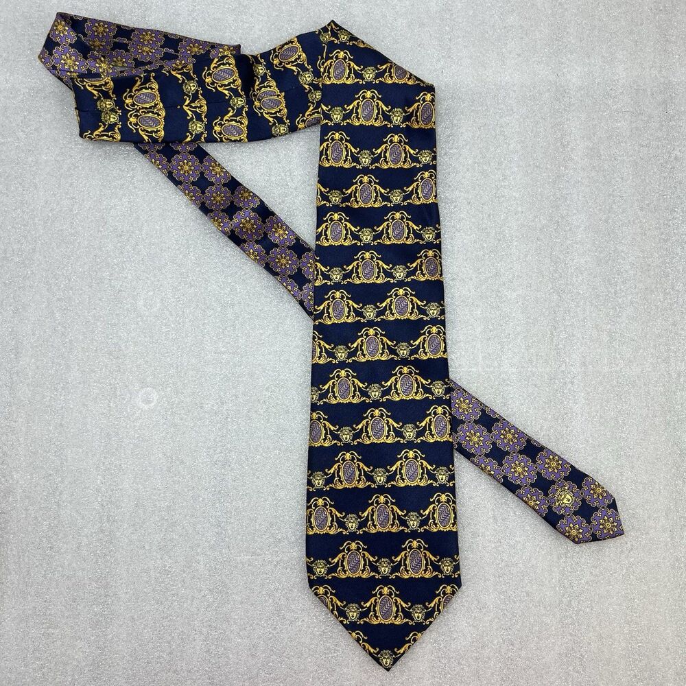 Gianni Versace Silk Tie Mens Navy Blue Medusa Baroque Pattern Made In Italy